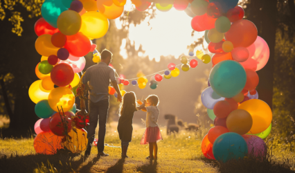 A vibrant Celebratory Balloon Arch with a joyful fami 2